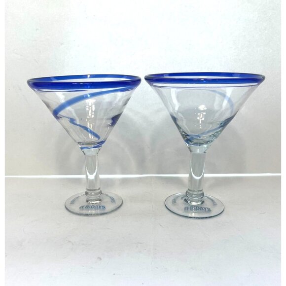 Vintage Set of Two (2) TGI Friday's Cobalt Blue Swirl Martini Margarita Glasses - Picture 2 of 7